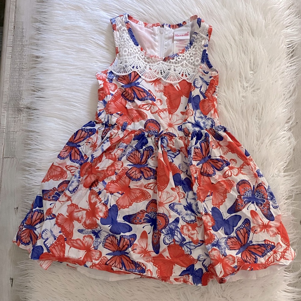 Nannette girls sleeveless dress butterfly red white blue sz5